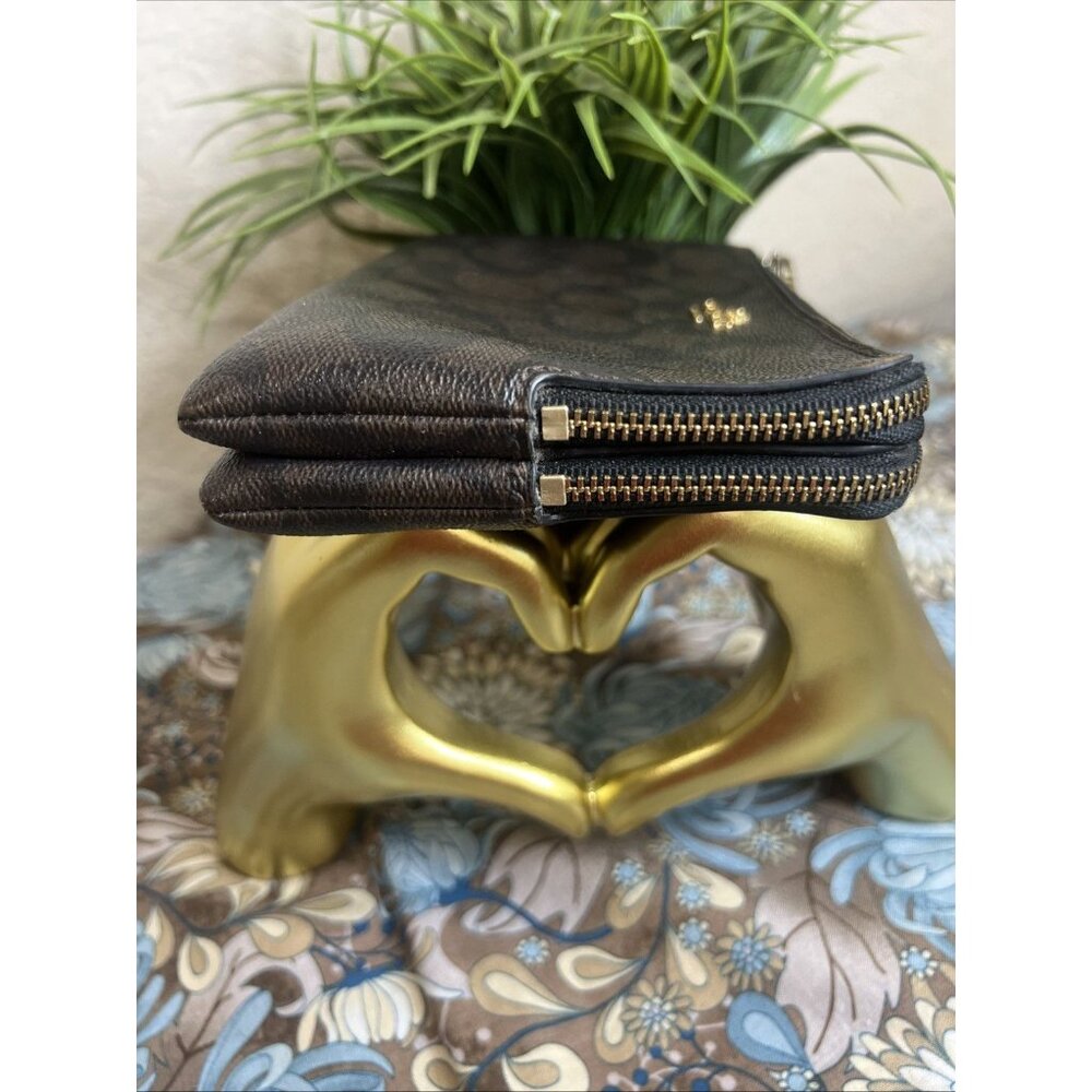COACH Double Corner Zip Around Wallet Pouch Brown Black Signature Coated Canvas - Picture 3 of 9
